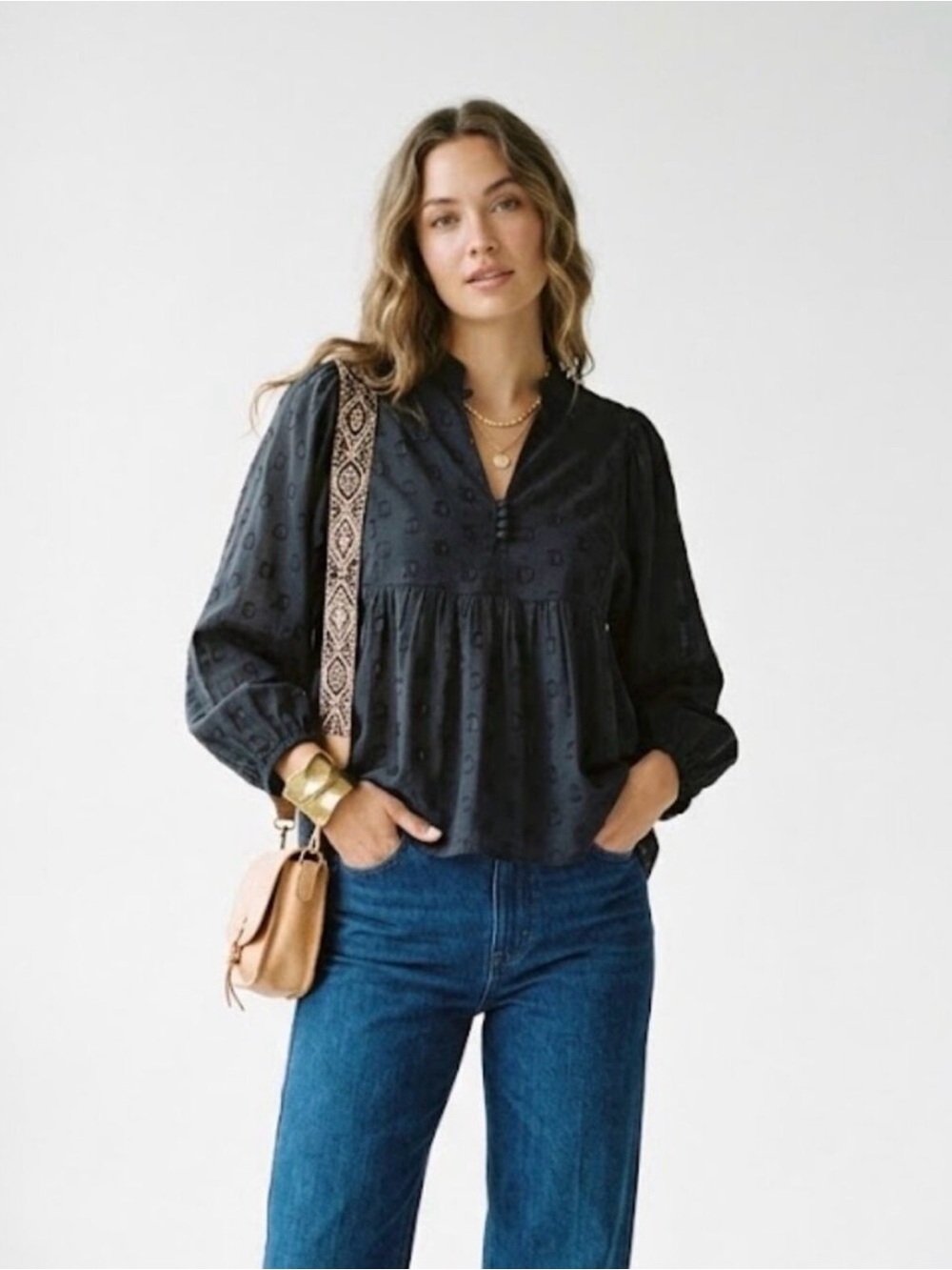 Oliphant Charcoal Embroidered Peplum Button-Front Blouse with Gold Accents